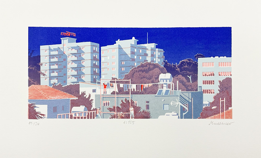 A stylized illustration of a cityscape with mid-rise apartment buildings, trees, and utility poles under a clear blue sky.