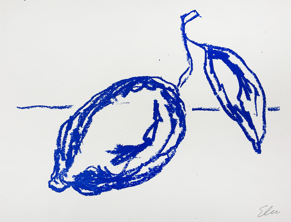 A minimalist blue line drawing of two lemons, one lying horizontally and one upright, on a plain white background.