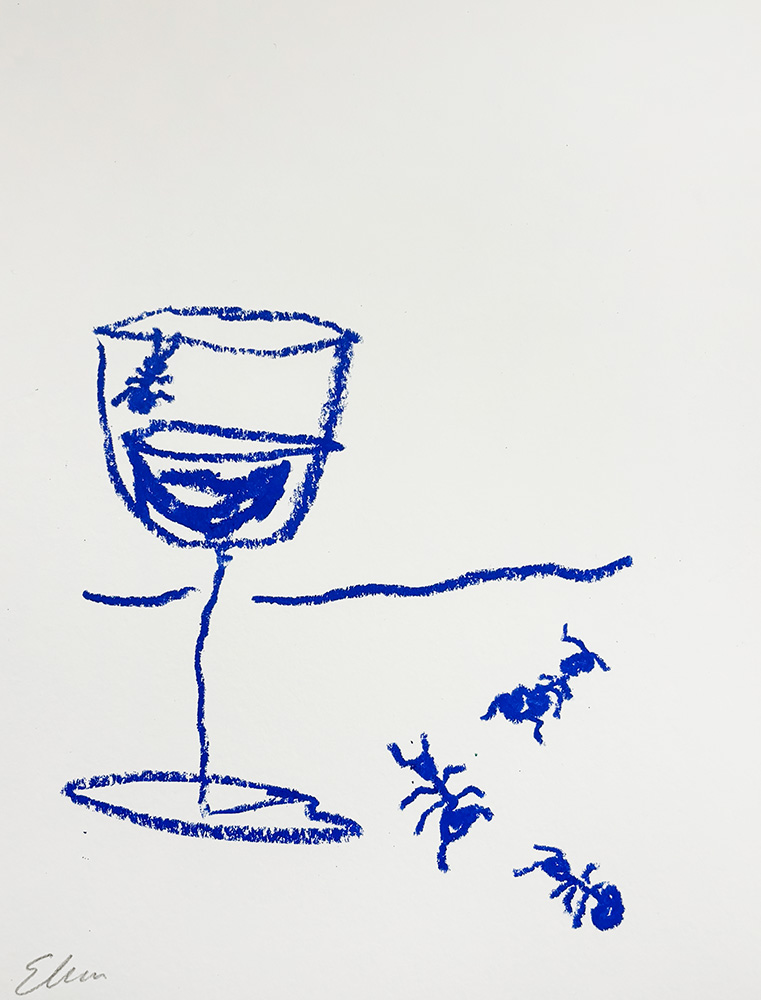 A blue crayon drawing of a wine glass on a surface with three ants approaching the base of the glass.