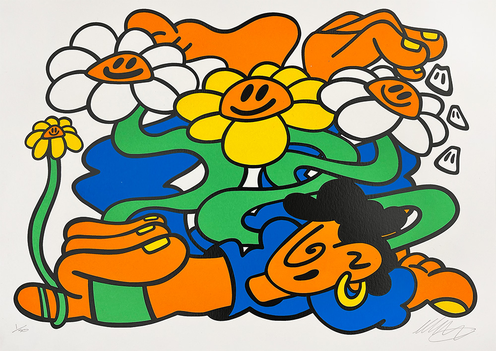 Bold, colorful illustration of a person surrounded by large, smiling flowers with green stems and yellow petals, set against a plain white background.