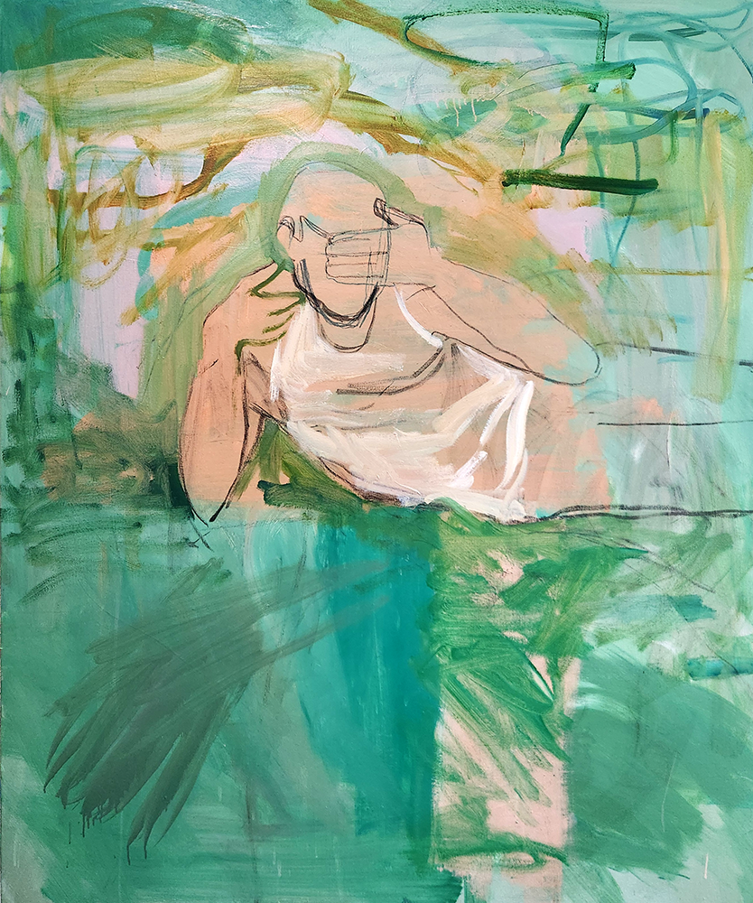 Abstract painting of a person with a bare arm covering their face, set against a green and teal background with loose, expressive brushstrokes.