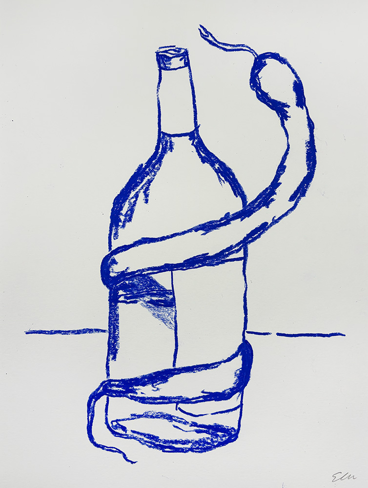 A blue line drawing of a bottle with a snake coiled around it, set against a plain white background.
