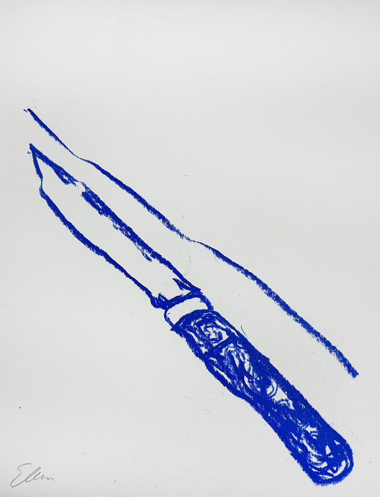 Still Life #5 - Original Artwork: a simple blue line drawing of a kitchen knife with a patterned handle on a white background.