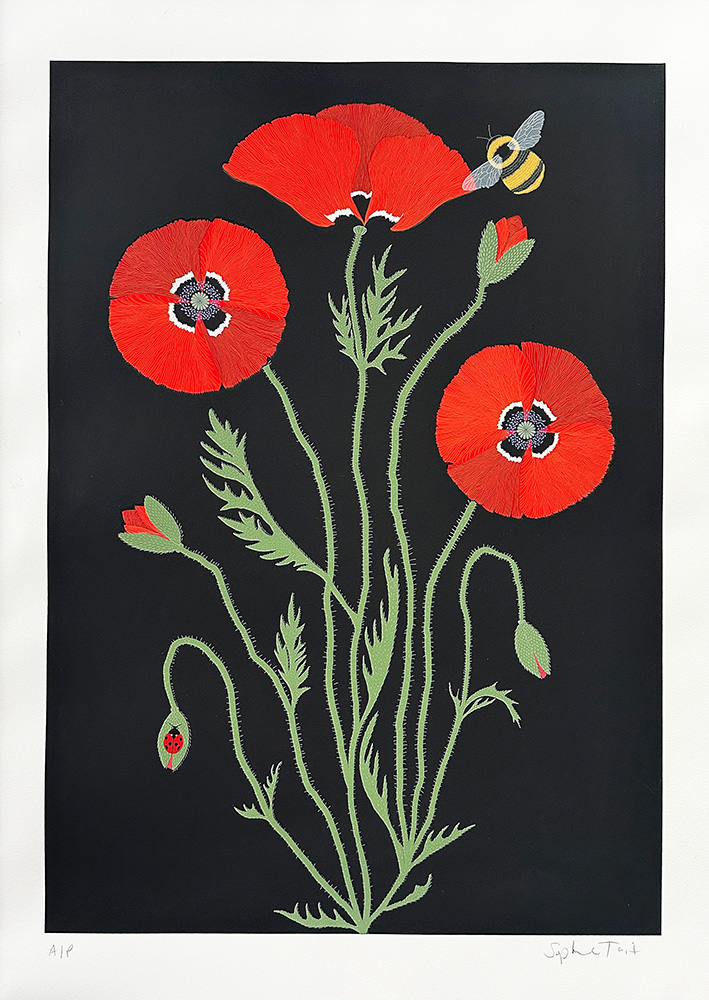 Poppy - Limited Edition Screen Print features three red poppy flowers with green stems and leaves on a black background, with a bee hovering near the top right flower.