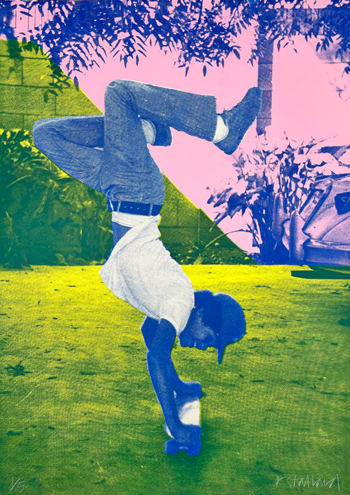 A person balances on one hand atop a skateboard on a grassy lawn, with a car and trees in the background. The image features a pink, green, and blue color filter.