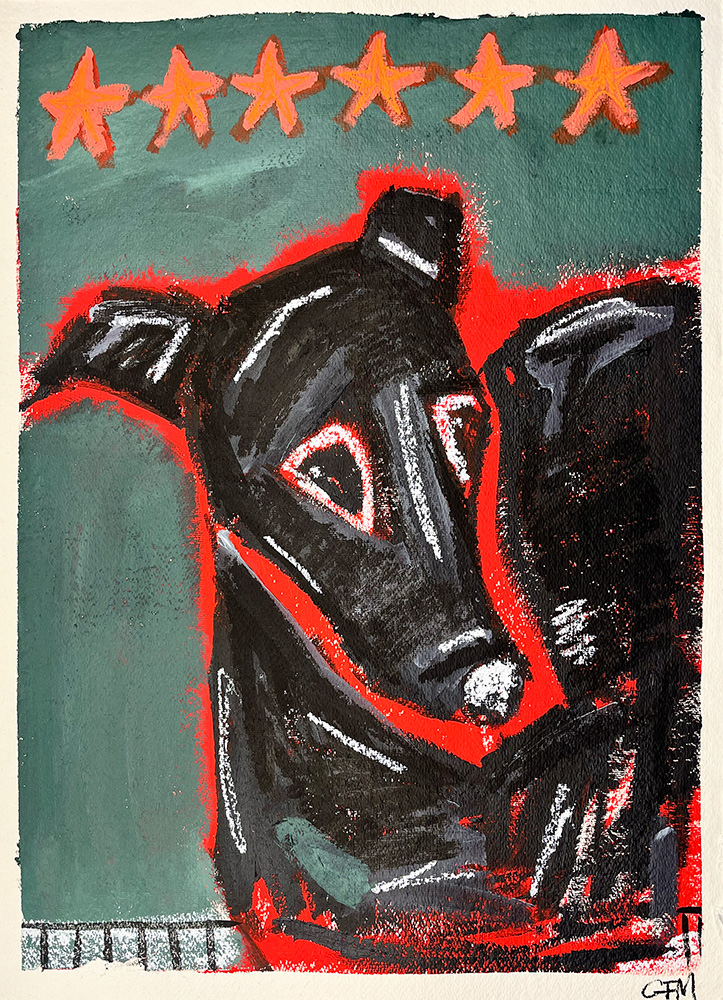Painting of a black dog with red outlines, positioned in front of a green background with six orange stars across the top.