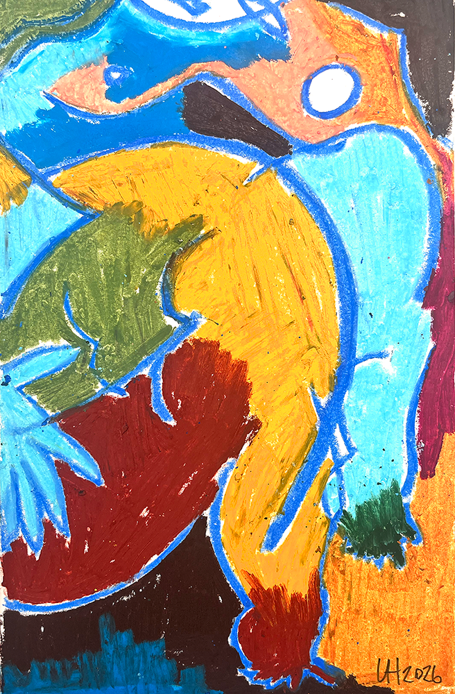 Original drawing titled "Waves of reflection 07 - Original Drawing (Copy)" features bright colours with bold blue, yellow, orange, green, and red overlapping shapes; signed "Utz 2026" in the bottom right corner.