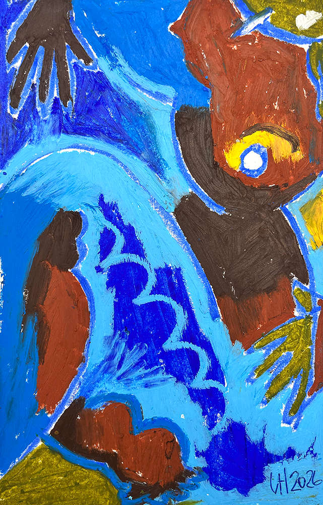 Waves of Reflection 03 - Original Drawing" is an abstract painting with bold blue, brown, and yellow shapes, hands, and organic forms in dynamic brushstrokes. Artist’s signature is in the bottom right corner.