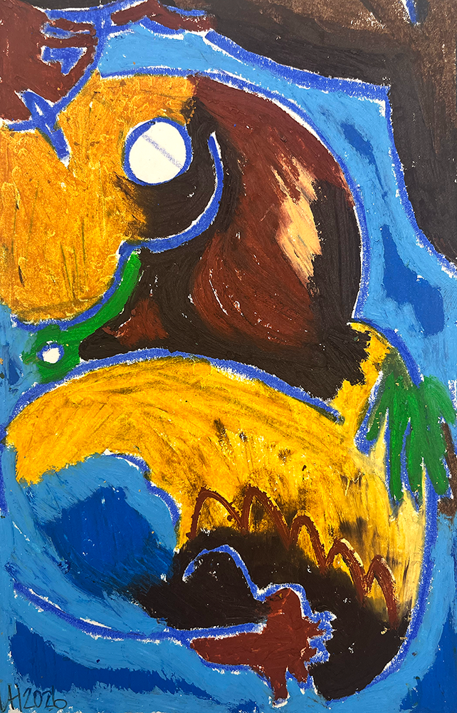 Waves of Reflection 02 - Original Drawing (Copy)" depicts a yellow and brown fish-like creature with white eye, green fin, and wavy blue background; the artist’s initials and date are in the bottom left corner.