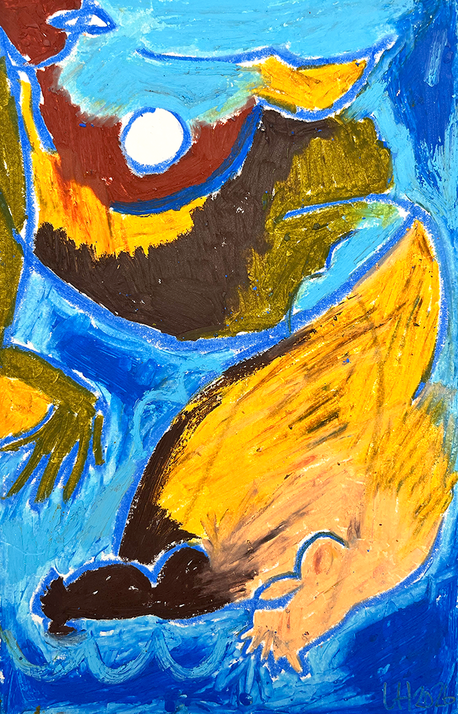 Waves of Reflection 01 - Original Drawing (Copy) features bold blue, yellow, brown, and white shapes with a white circle near the top; its fluid, layered forms suggest movement and water.