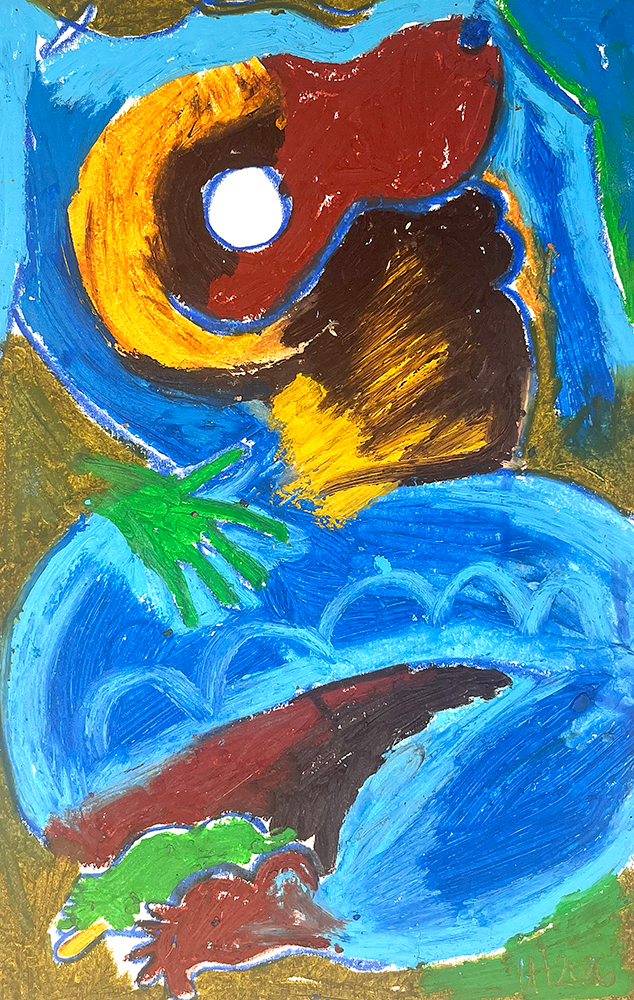 Waves of reflection 01 - Original Drawing (Copy): Abstract art with bold blue, brown, yellow, and green shapes, a central white circle, and overlapping organic forms evoking waves and hands.