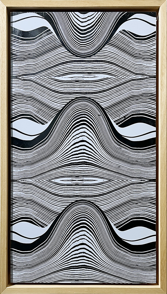 Black and white abstract art featuring wavy, horizontal lines in symmetrical patterns, framed in light wood—Layered Paused Green - Limited Edition Screen Print FRAMED.