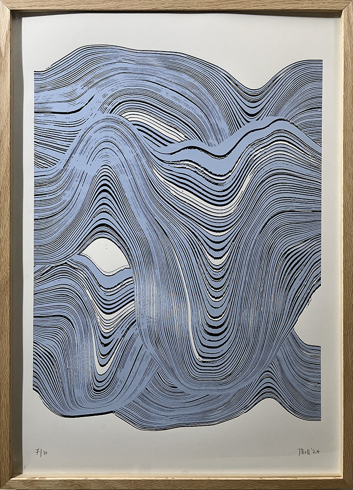 Framed "Layered Paused Green - Limited Edition Screen Print" featuring abstract, curving black and blue lines forming a wave pattern on a white background.