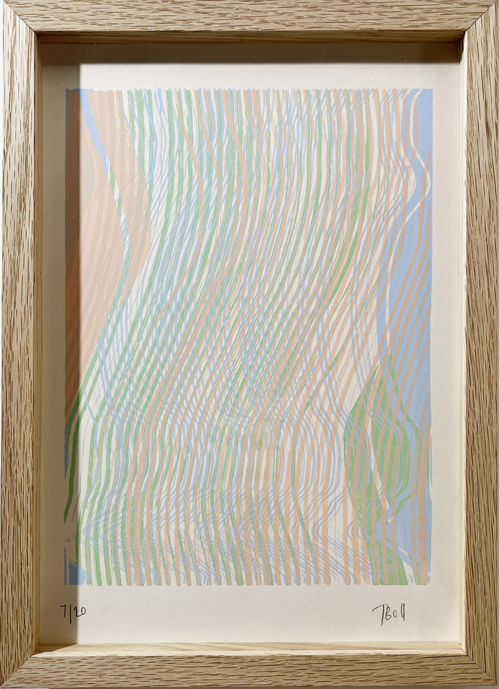 Layered Paused Green - Limited Edition Screen Print FRAMED features wavy green, blue, and tan lines on a light background. Signed by the artist and marked 7/20, this abstract artwork comes framed.