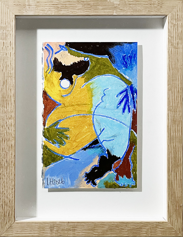 Waves of Reflection 01 - Original Drawing," an abstract artwork with bold yellow, blue, black, and green shapes. Float framed in oak with a white mount; artist signature “LH 2016” at bottom left.