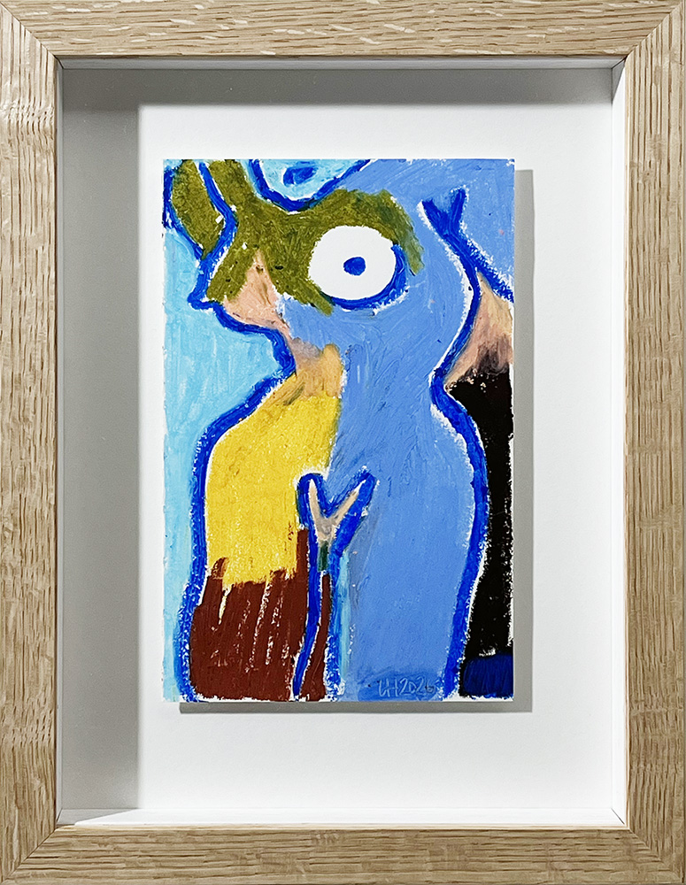 Waves of Reflection 01 - Original Drawing - Float Framed in Oak" features bold abstract shapes in blue, yellow, brown, and green with a central blue-outlined figure and a large white eye-like circle.