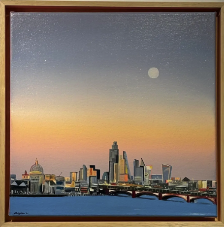 Southbank by Emma Loizides: A framed painting of a city skyline at sunset, featuring modern buildings, a domed structure, a bridge, and a full moon above a river.