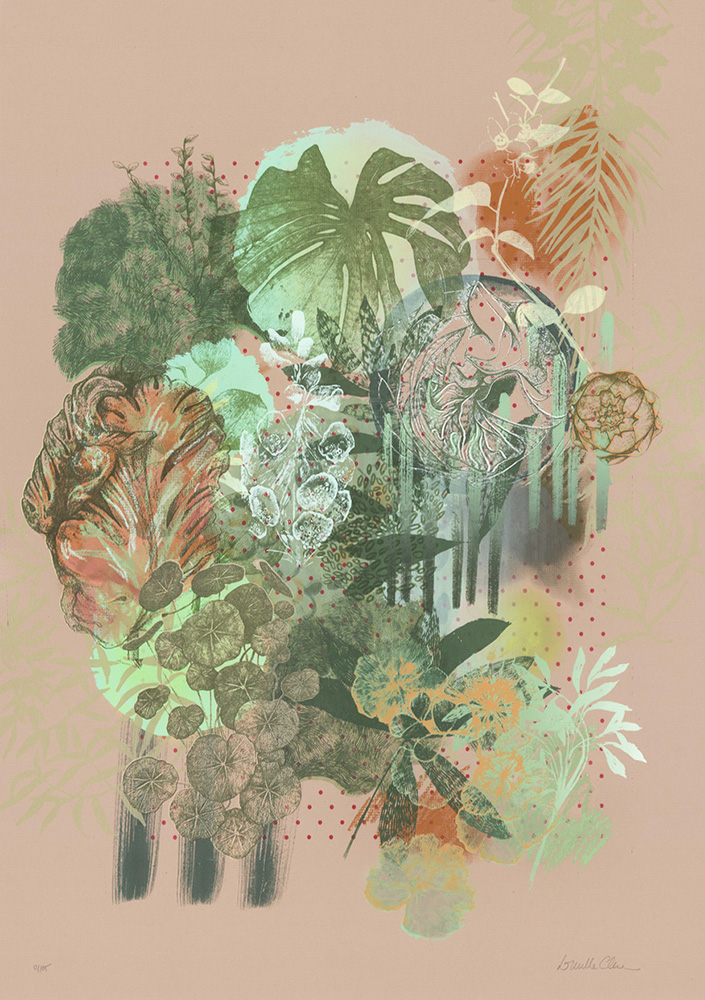 A collage of overlapping botanical illustrations in muted green, brown, and beige on a neutral background from the Suspended Garden Midday - Limited Edition Screen Print.