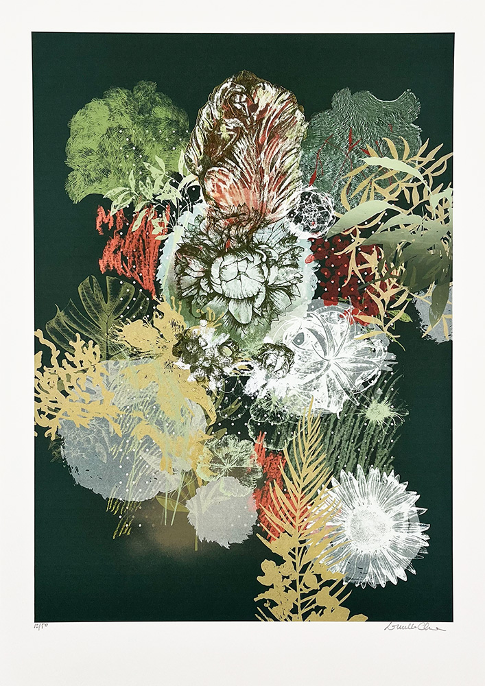 Suspended Garden Midnight - Limited Edition Giclee" is an abstract artwork showcasing layered botanical shapes in green, gold, white, and red against a dark background.
