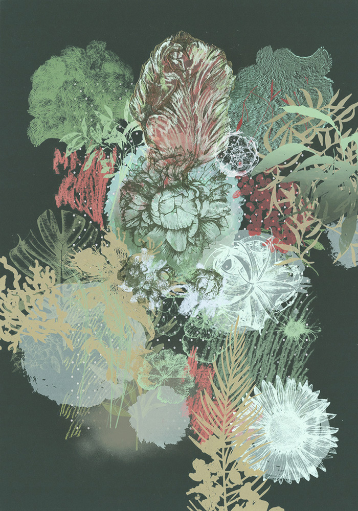 Limited edition screen print, "Suspended Garden Midnight (Dark Teal)," features overlapping botanical shapes and abstract florals in muted greens, reds, and beige on a dark background.