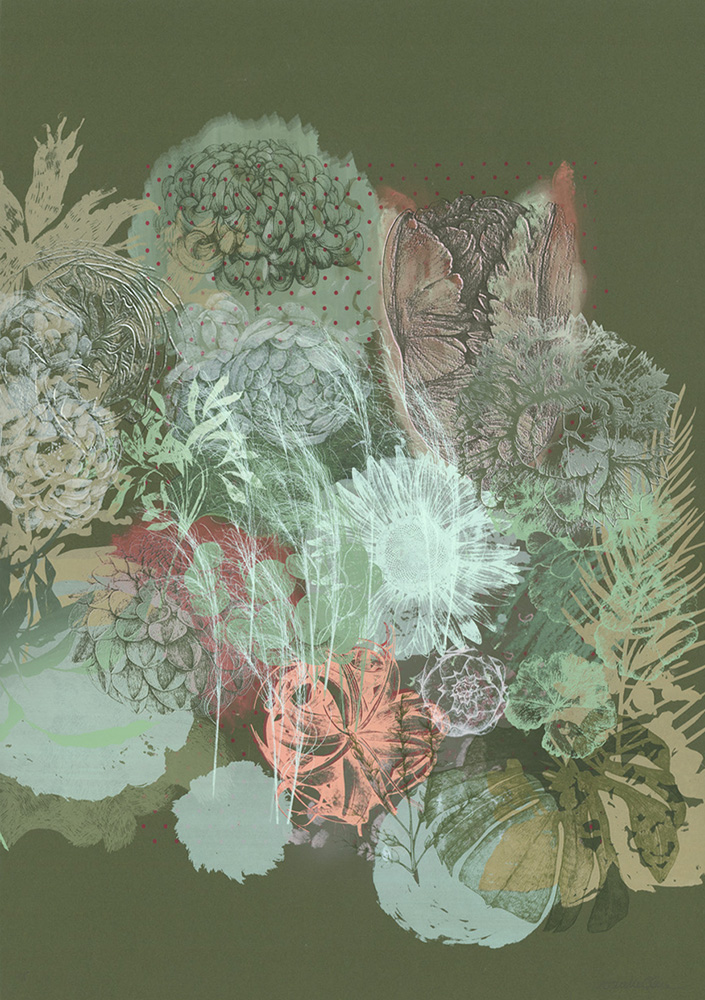 Suspended Garden Dusk - Limited Edition Screen Print features layered botanical illustrations with overlapping flowers, leaves, and plants in muted green, gray, and soft coral on an olive background.