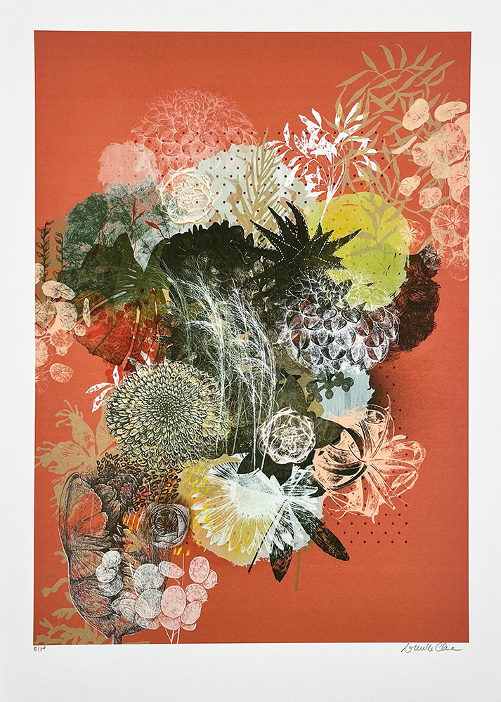 A collage of botanical shapes and textures in muted greens, whites, browns, and yellows is layered over a burnt orange background in the Suspended Garden Tea Time - Limited Edition Giclee.
