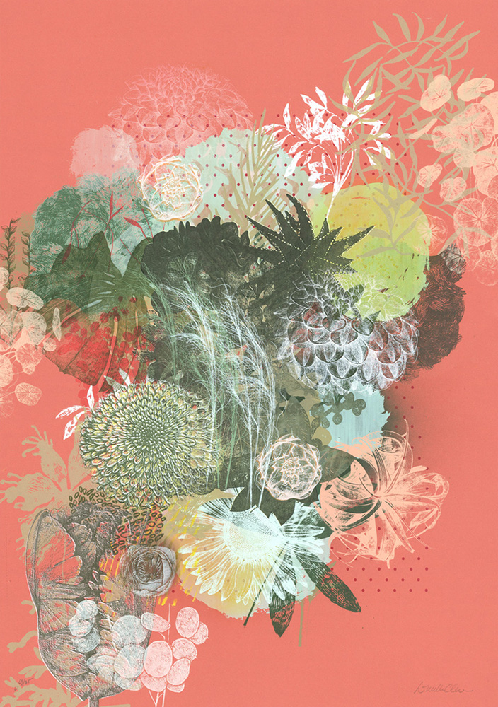 Suspended Garden Tea Time - Limited Edition Screen Print features overlapping botanical illustrations in muted greens, whites, and yellows on a coral background, with various leaves and flowers layered for a soft, textured effect.