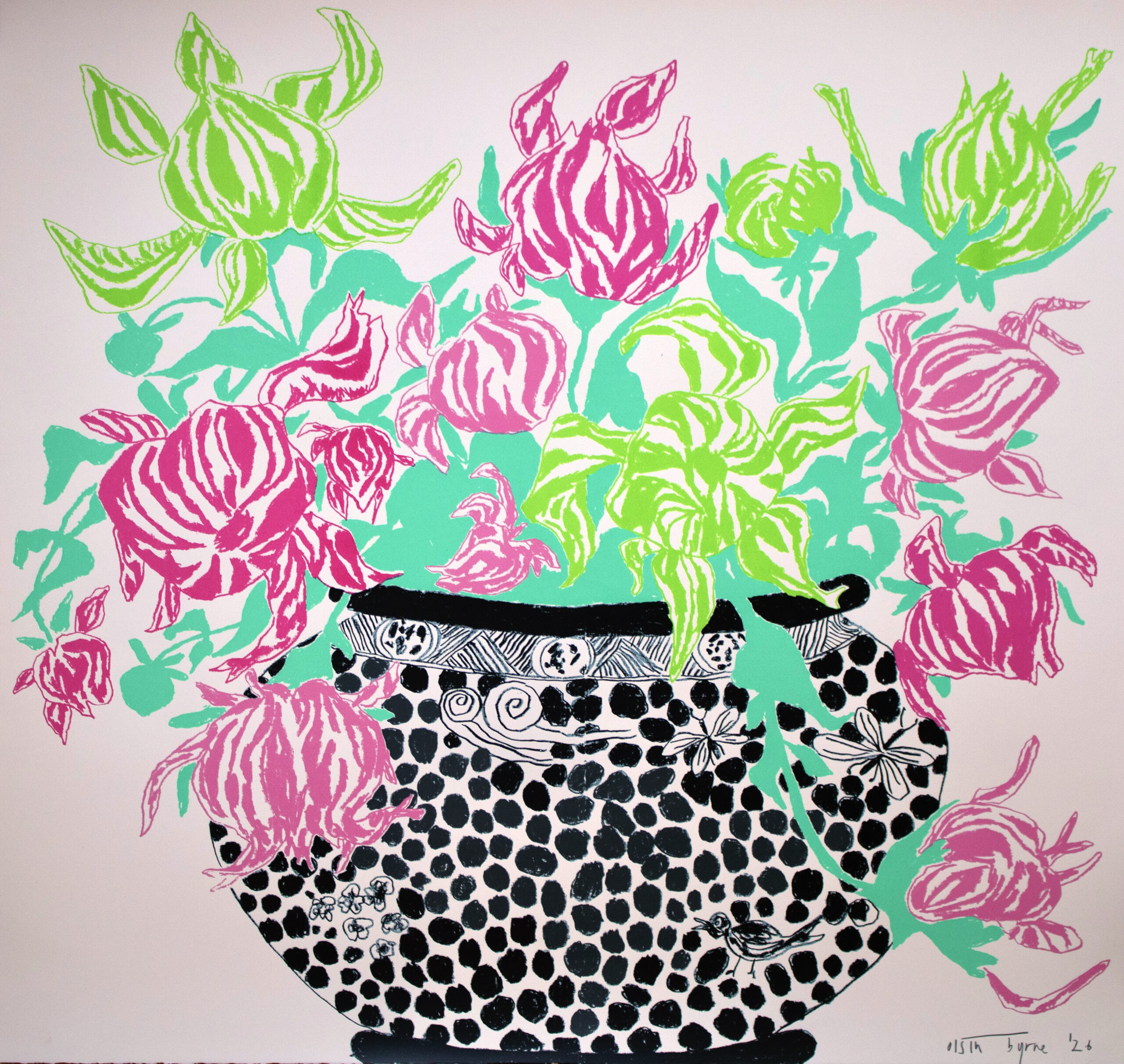Turquoise Pink Cut Flowers - Screen Print (Copy) features a black and white patterned vase holding vibrant turquoise and pink cut flowers with teal leaves, all set against a light background.