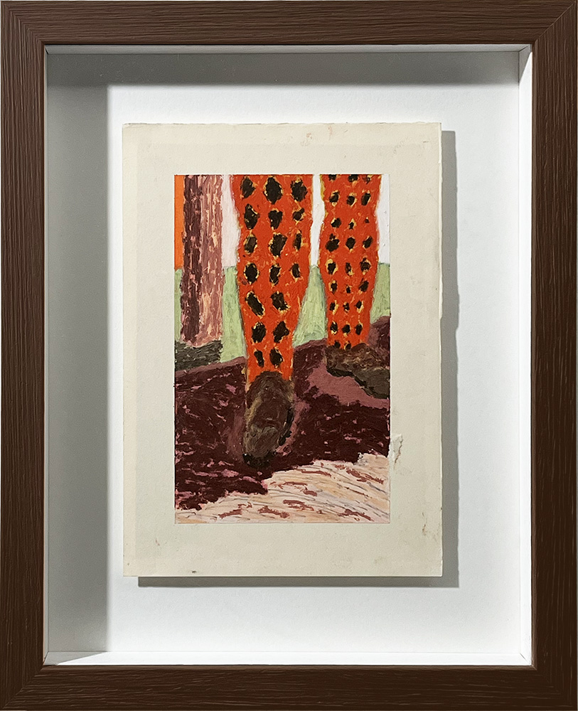 Red Feet - Original Artwork" is a framed painting showing two legs in orange trousers with black dots and brown shoes, standing on a surface with brown and white areas.