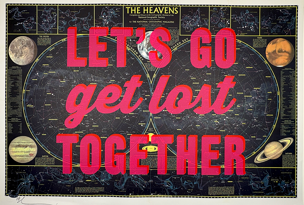 A star map titled "The Heavens" with large red text overlay reading "LET'S GO get lost TOGETHER.