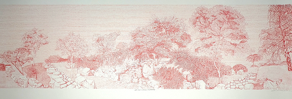 A detailed red line drawing depicts a garden landscape with trees, bushes, rocks, and stone walls against a background of horizontal lines.