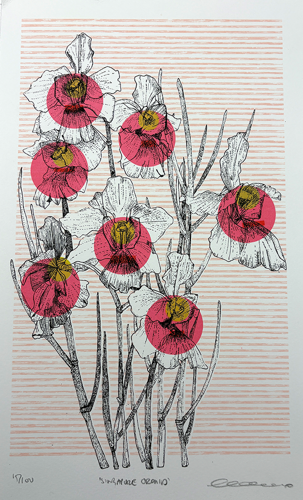 A black and white drawing of irises with six pink and yellow circles overlaid on the flowers, set against a light background with horizontal beige stripes.