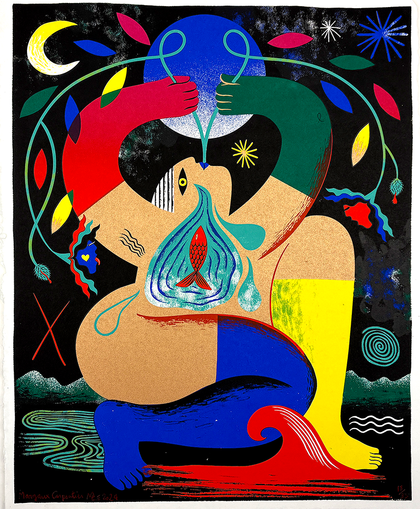 Abstract artwork featuring a colourful, stylised human figure holding a blue sphere above their head, with a fish inside the torso and plant motifs surrounding the figure.
