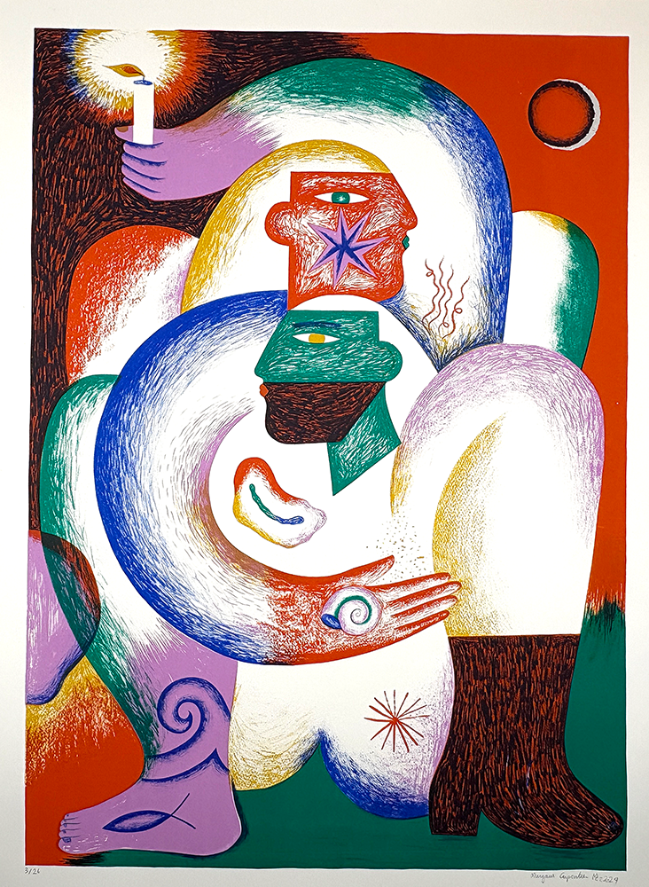 Colourful abstract artwork depicting intertwined human-like figures with geometric features, holding a candle, and surrounded by various shapes and textured patterns.