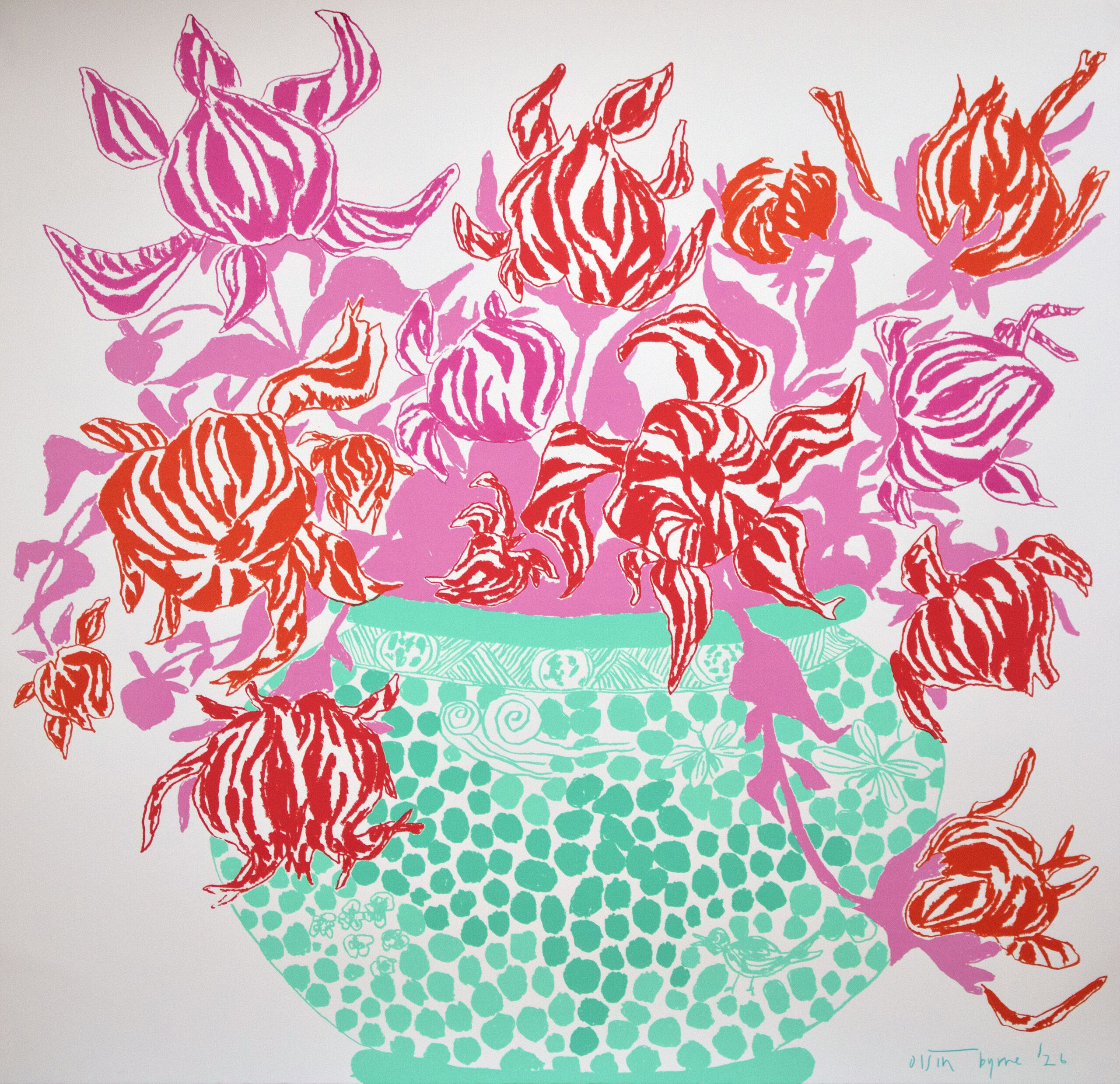 The Turquoise Pink Cut Flowers - Screen Print features a turquoise patterned vase with stylised pink and red striped flowers, set against a plain white background for a striking visual effect.