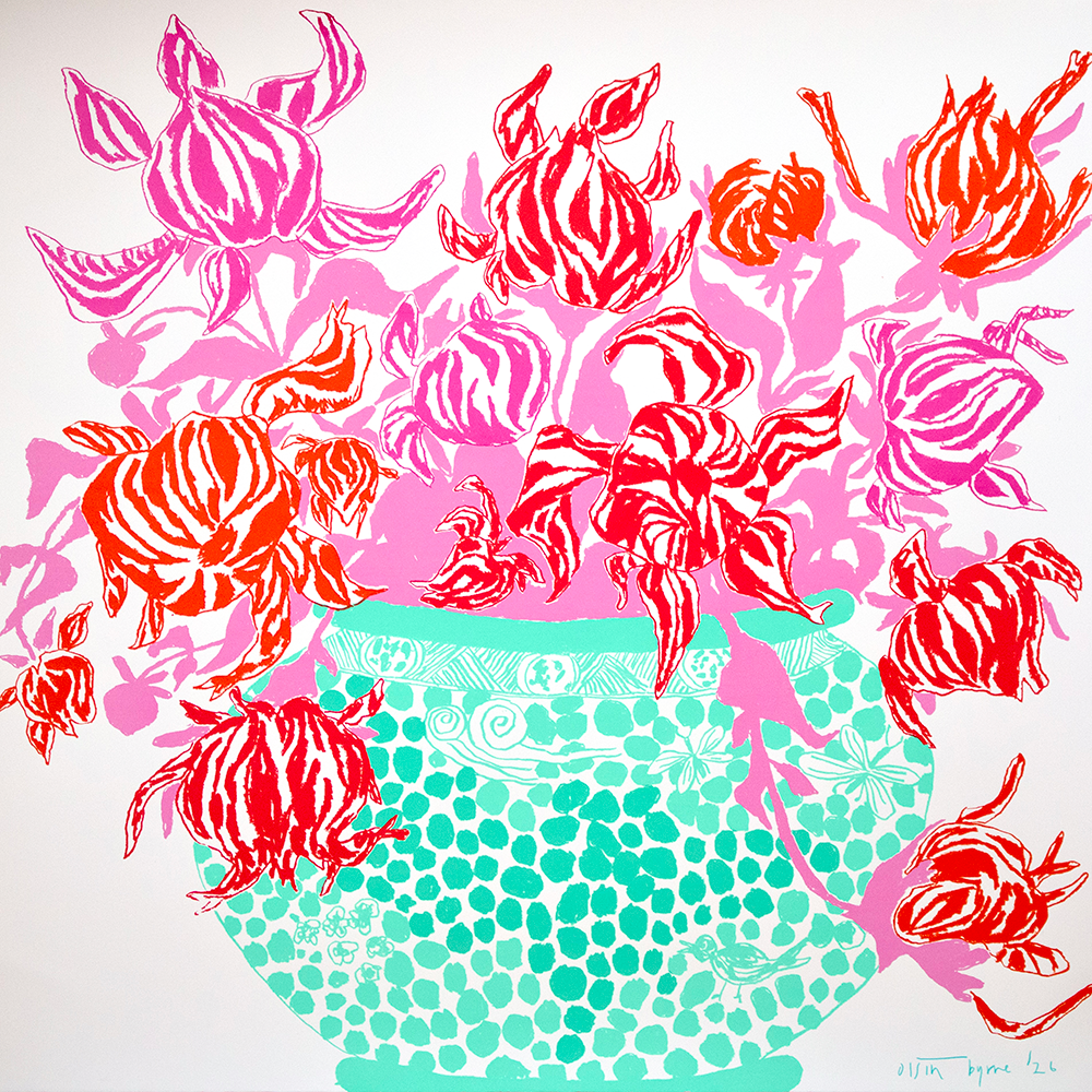 The Turquoise Pink Cut Flowers - Screen Print features stylised, striped pink and orange blooms in a patterned turquoise vase, set against a crisp white background for a bold, eye-catching look.