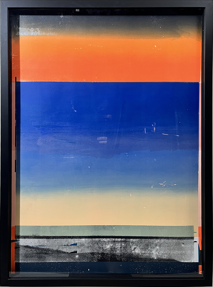 About Today - Limited Edition Screen Print featuring abstract horizontal bands of orange, blue, and beige that transition from dark to light, framed in a black box frame. Now available with 50% off the frame.
