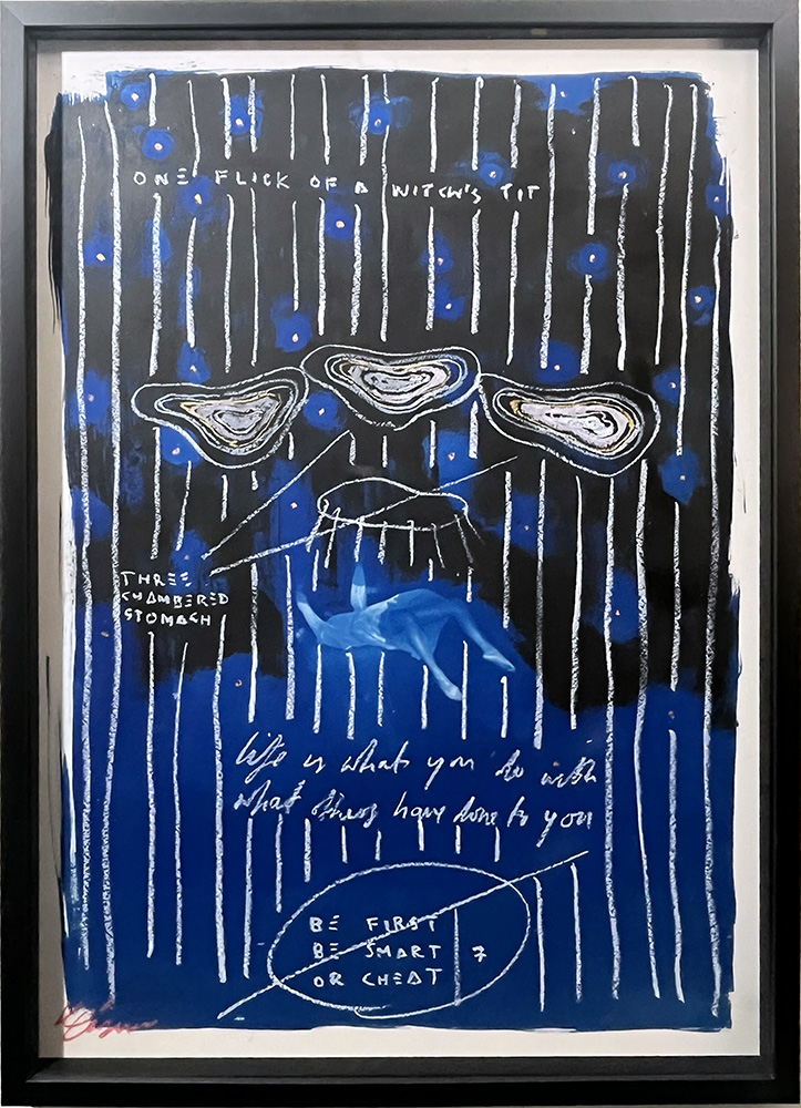 Floating Girl 2 (Copy) is a framed artwork with abstract shapes on a blue background, white handwritten text, and phrases like 'ONE FLICK OF A WITCH'S TIT' and 'Life is what you make it.'.