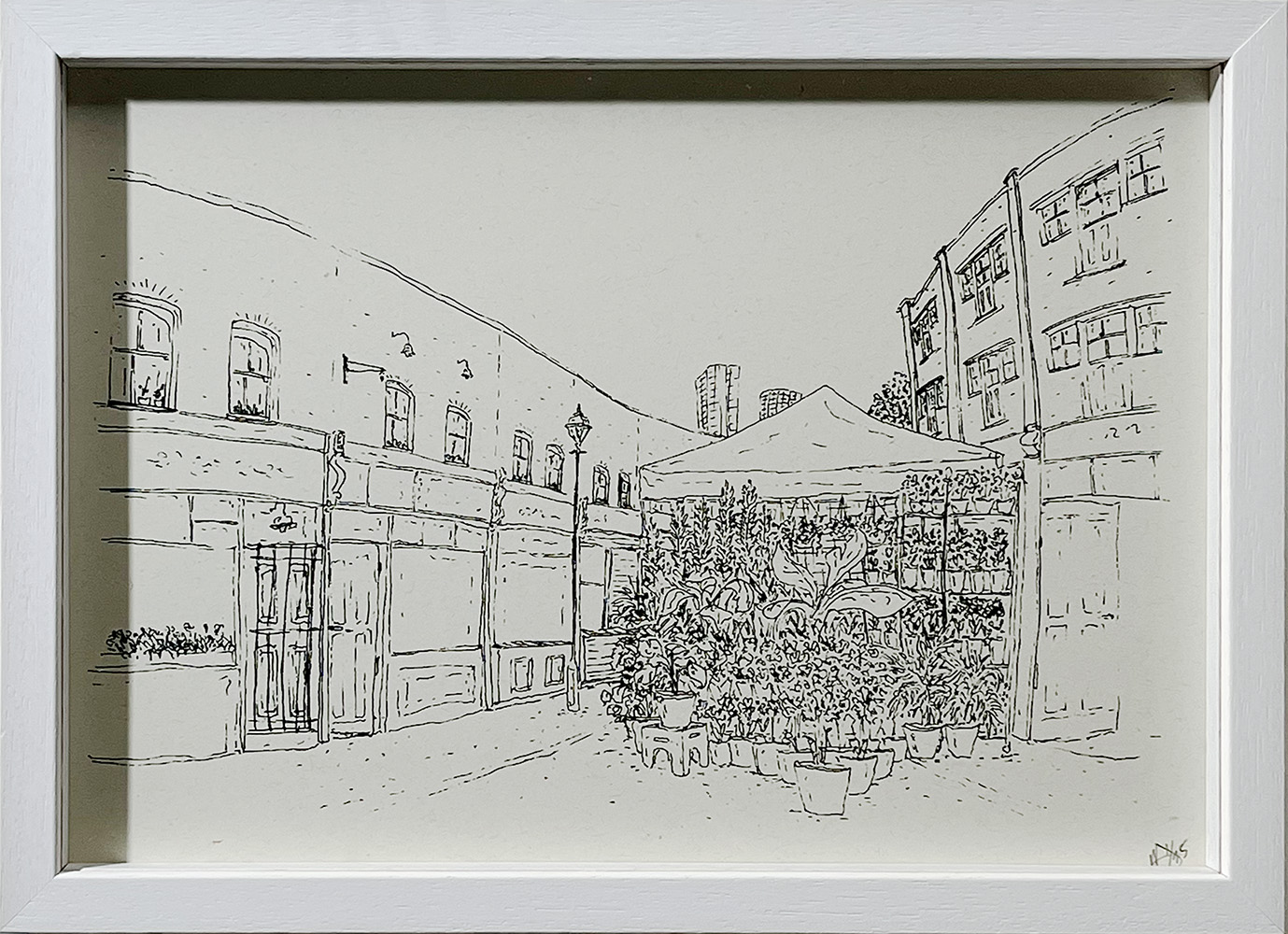 Framed black line drawing of Columbia Road’s market in a white box frame. Limited edition screen print; dreamy reimagining of East London’s markets. Now with 50% off the frame!.