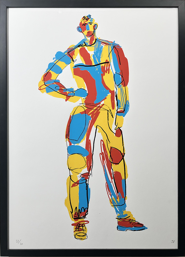 Poster Boy, a 3 colour screen print by John Booth, features a colourful abstract standing figure in red, yellow, and blue with black outlines, presented as a FREE black framed print against a white background.