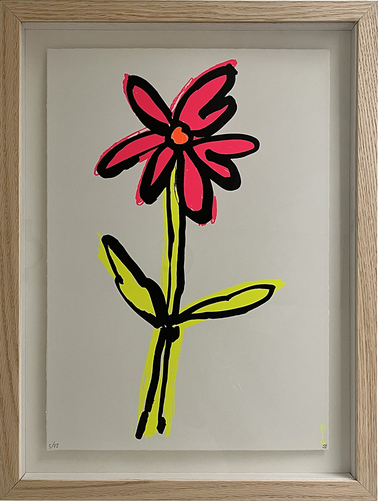 A framed drawing with a black-outlined pink and red flower, yellow centre, green stem and leaves on white—featuring the Fluro Flower (Pink) - Limited Edition Screenprint (Copy).
