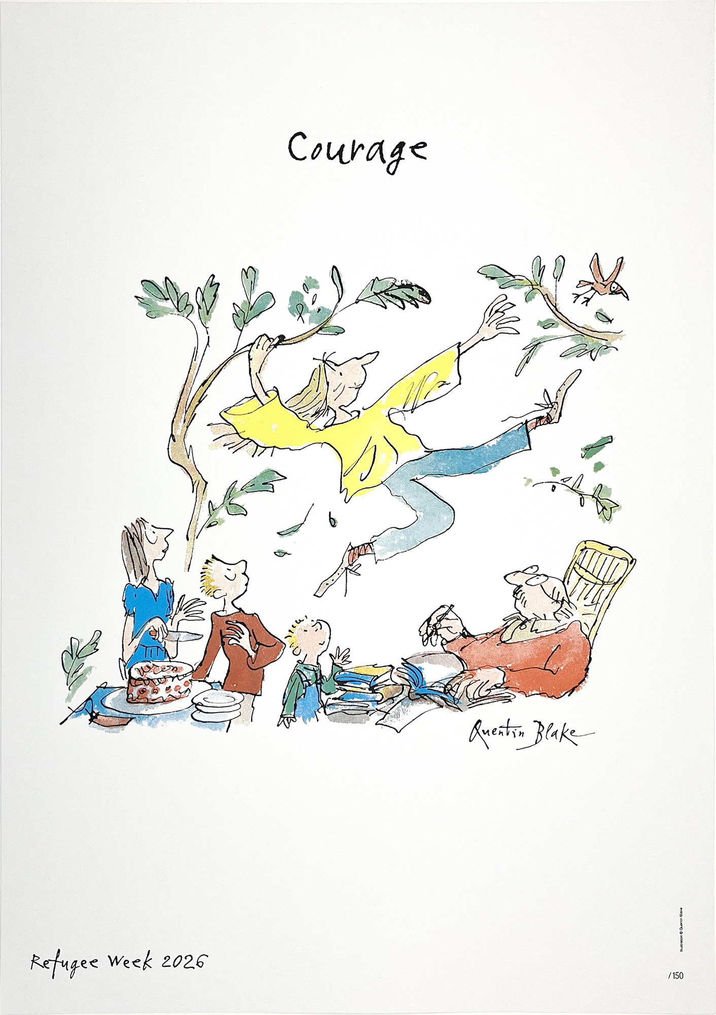 Four people gather around an outdoor table as one leaps joyfully beneath the word "Courage." This lively, limited edition screen print by Quentin Blake is signed by the artist.