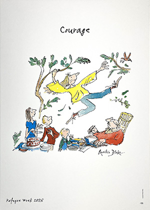 Cartoon illustration of a woman in a yellow shirt leaping through tree branches above a group of four people and a dog, with the word "Courage" written above.