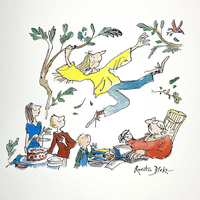 A woman jumps joyfully above a seated older man reading, with three children and a cake nearby; trees and a bird frame the scene in "Courage" Ltd edition screen print by Quentin Blake.