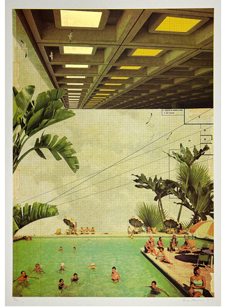 People swim and relax by a swimming pool, surrounded by tropical plants, under a large modern ceiling with square recessed lights and birds flying overhead.