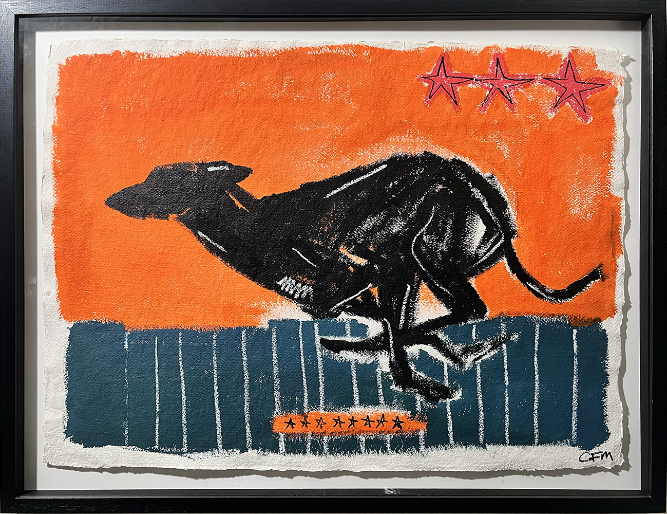 A black, stylised greyhound runs on blue stripes with an orange background and five pink outlined stars above in "Into the Light - Original on Paper (Copy)," signed "CFM" in the corner.