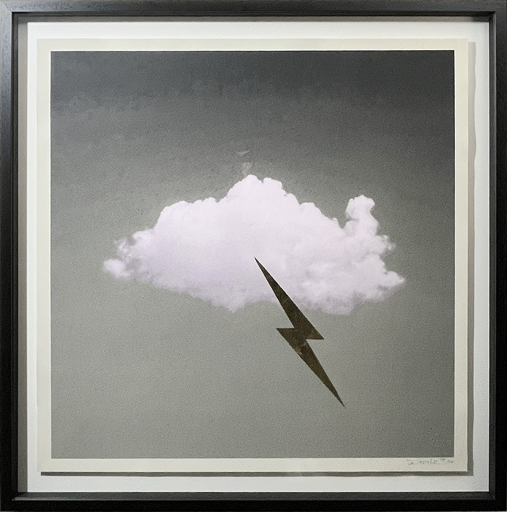 A Bigger Little Bloody Cloud - Limited Edition Screen Print (Copy) showcases a framed white cloud with a black lightning bolt on a sleek grey gradient background.