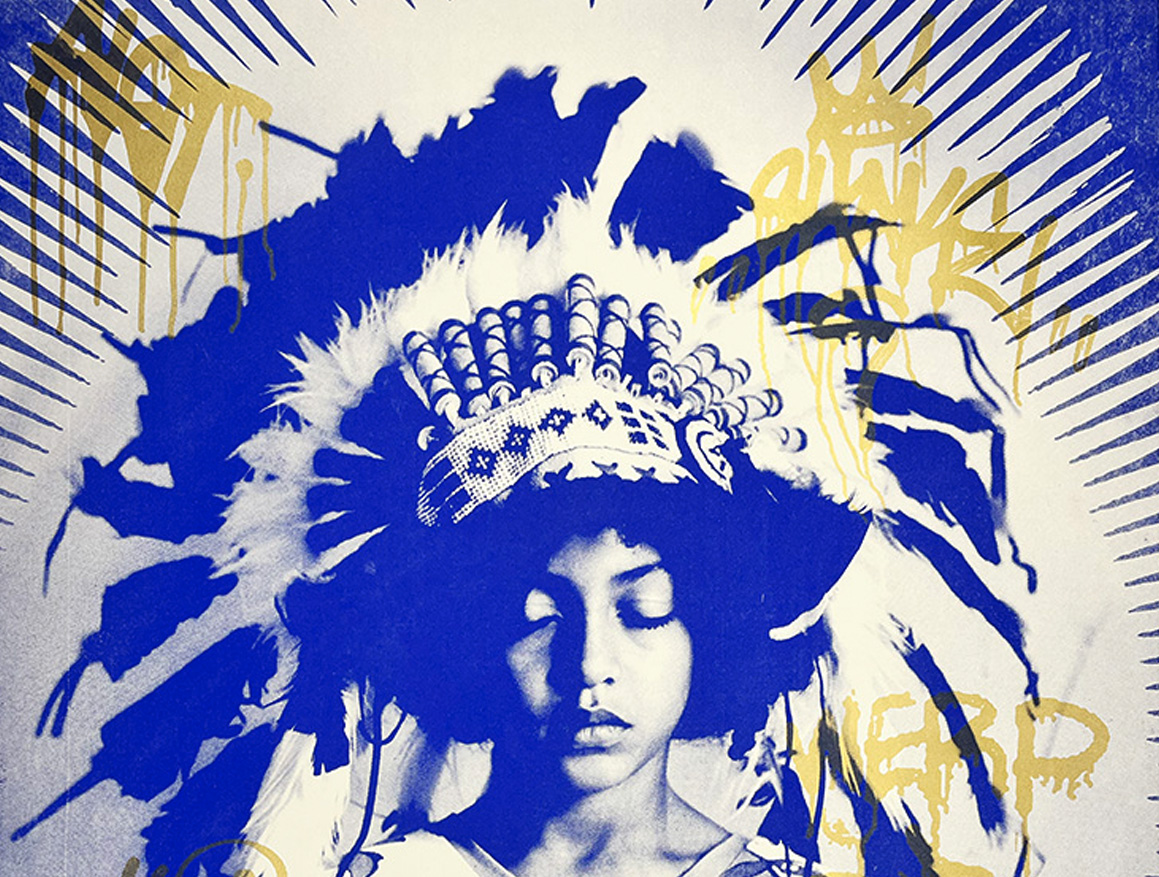 A person with closed eyes wears a Native American-style feathered headdress; blue and gold graphic elements and graffiti-like text overlay the image, capturing the vibrant energy of affordable screen prints and artwork.