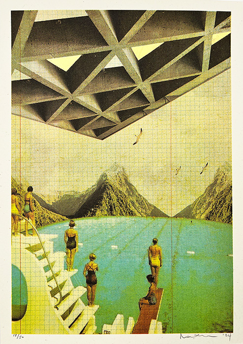 Surreal collage of people descending steps towards a turquoise lake with mountains beyond, geometric ceiling above, and birds in flight. Discover this scene as one of Print Club London Limited Edition Art screen prints.