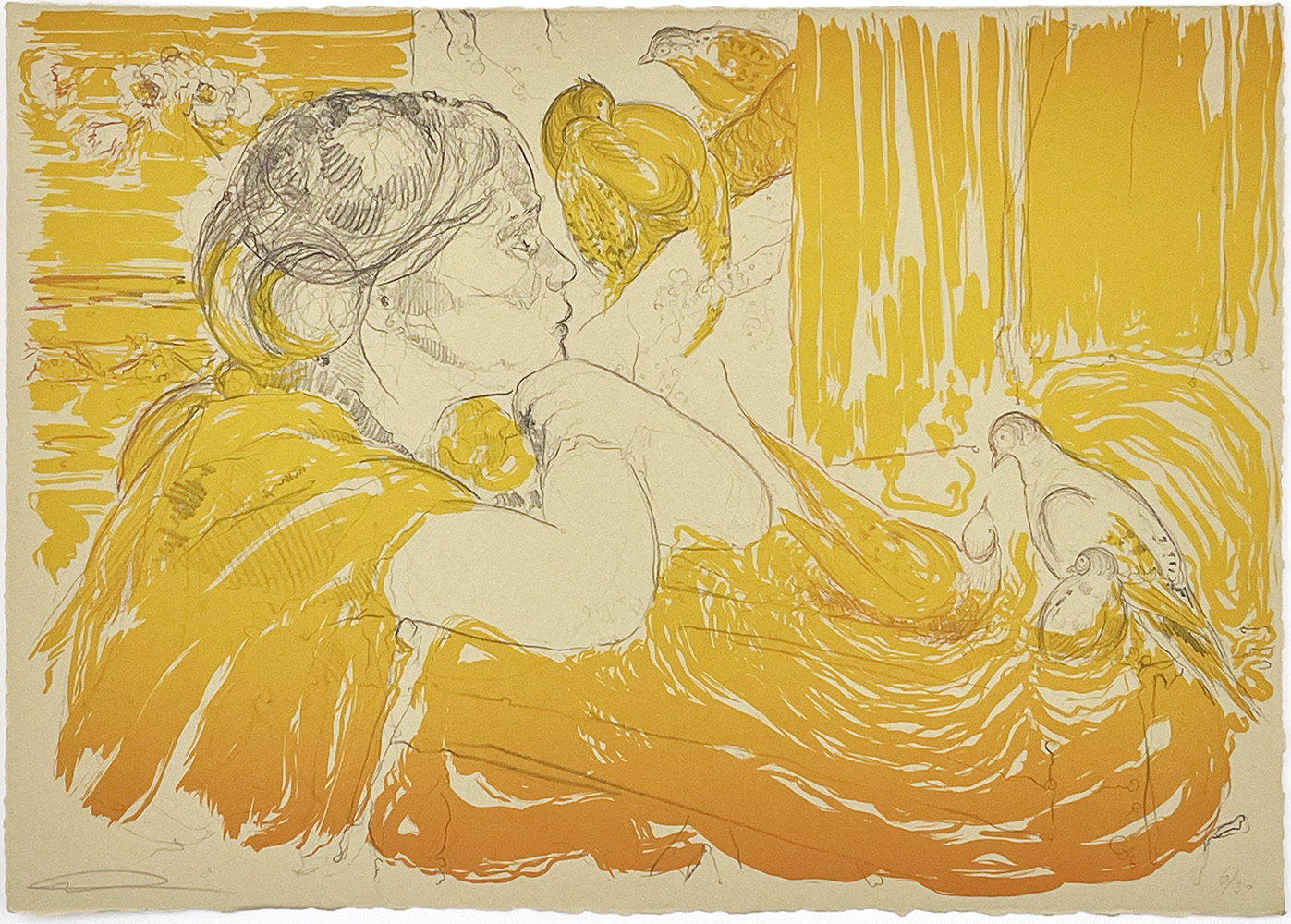 A woman with her head on her arms gazes at two birds in an abstract yellow and orange scene, depicted in loose lines—Curly Cat - Stone Lithograph - Float Framed in Grey (Copy).